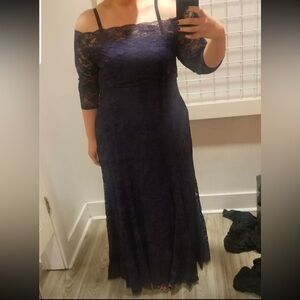 Navy Blue Lace Off Shoulder A-Line Formal Dress
